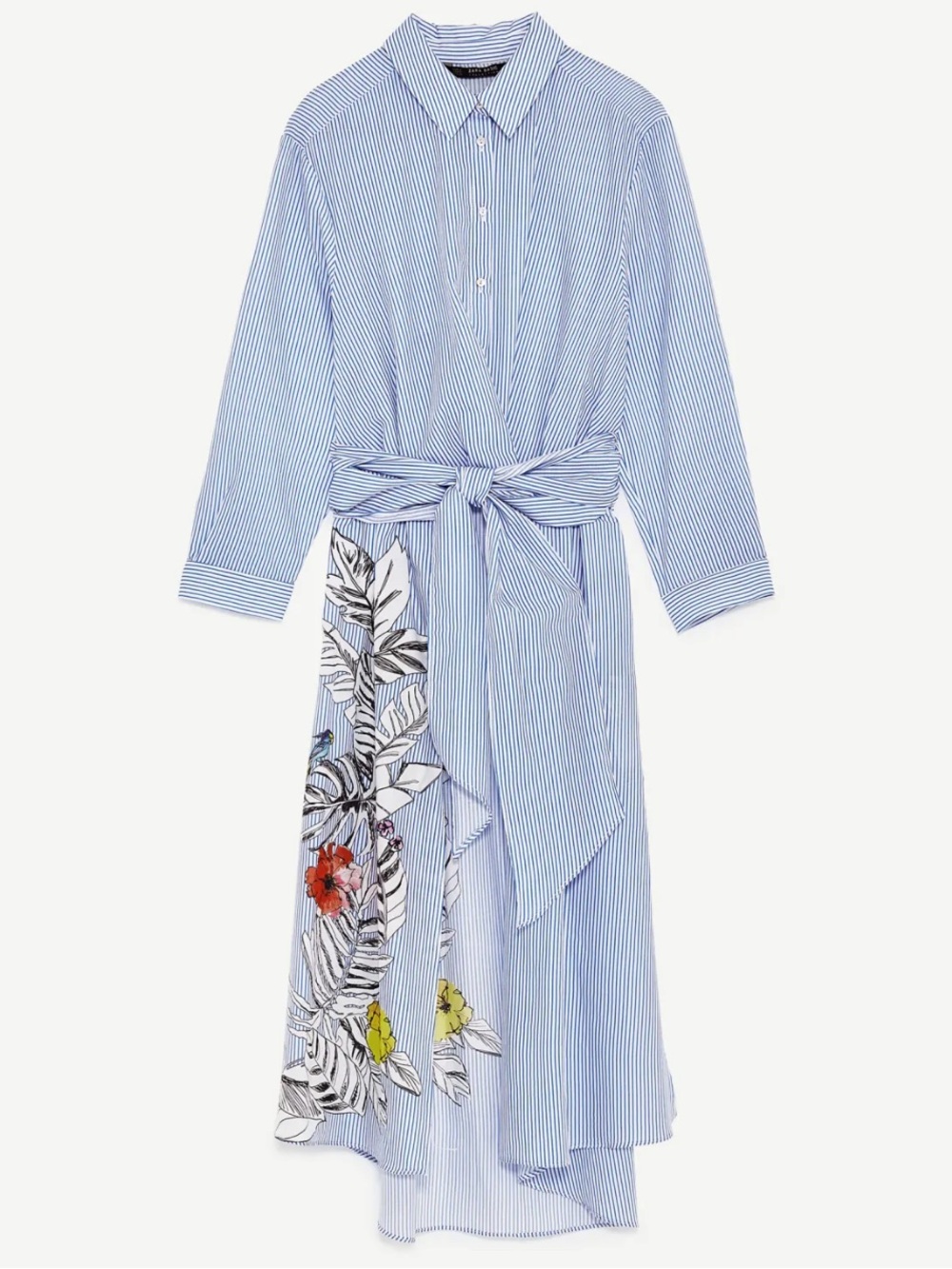 Zara Floral Bird Paradise Palm Print White & Blue Pinstripe Tunic W/ Waist Ties